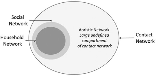 Schematic representation of the index tuberculosis case contact network, including household and extrahousehold social networks and indeterminate aoristic network.