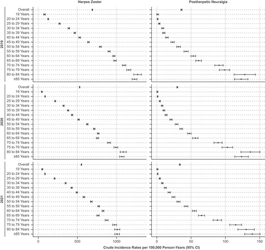 Crude incidence rates of herpes zoster and postherpetic neuralgia overall and by age (2019–2021).