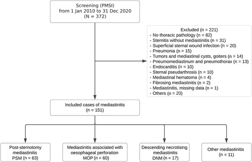 Study flow chart. Abbreviations: DNM, descending necrotizing mediastinitis; MEP, mediastinitis due to esophageal perforation; PMSI, Program of Medicalization of Information Systems; PSM, poststernotomy mediastinitis. Other mediastinitis included broncho-mediastinal fistulas (2/11), necrotic pulmonary infarction complicated with mediastinitis (1/11), mediastinitis in a heart transplant patient (1/11), infection of a mediastinal hematoma of undetermined origin (1/11), mediastinitis due to a perforation by port-a-cath (1/11) and by an extracorporeal circulatory assistance device (1/11), and mediastinitis of unknown origin (4/11).