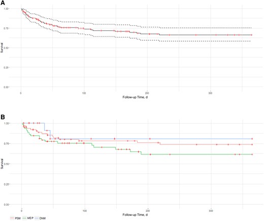 Survival curves: all-cause mortality at one-year follow-up. Abbreviations: DNM, descending necrotizing mediastinitis; MEP, mediastinitis due to esophageal perforation; PSM, poststernotomy mediastinitis. A: All mediastinitis. B: For the main aetiologies: PSM, mediastinitis associated with oesophageal perforation (MOP), DNM.
