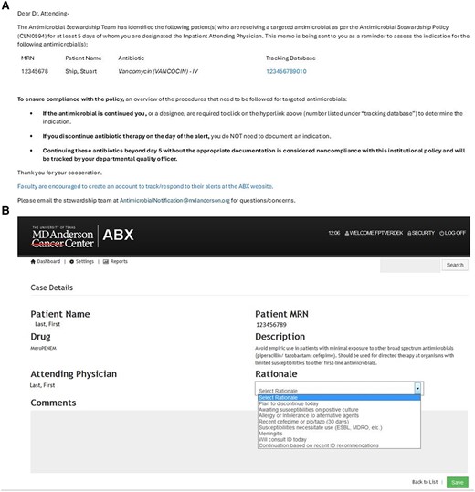 Current ABX user interface. Generic email template sent to the attending physician (A); web user interface after following hyperlink (B).