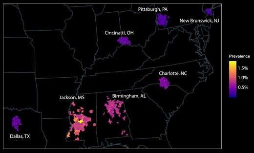 Spatial distribution of congenital CMV among 96 785 infants. Infants were distributed in 701 zip codes in 7 metropolitan areas. The prevalence of congenital CMV was greatest in southeastern sites and was distributed heterogeneously within metropolitan areas. CMV, cytomegalovirus.