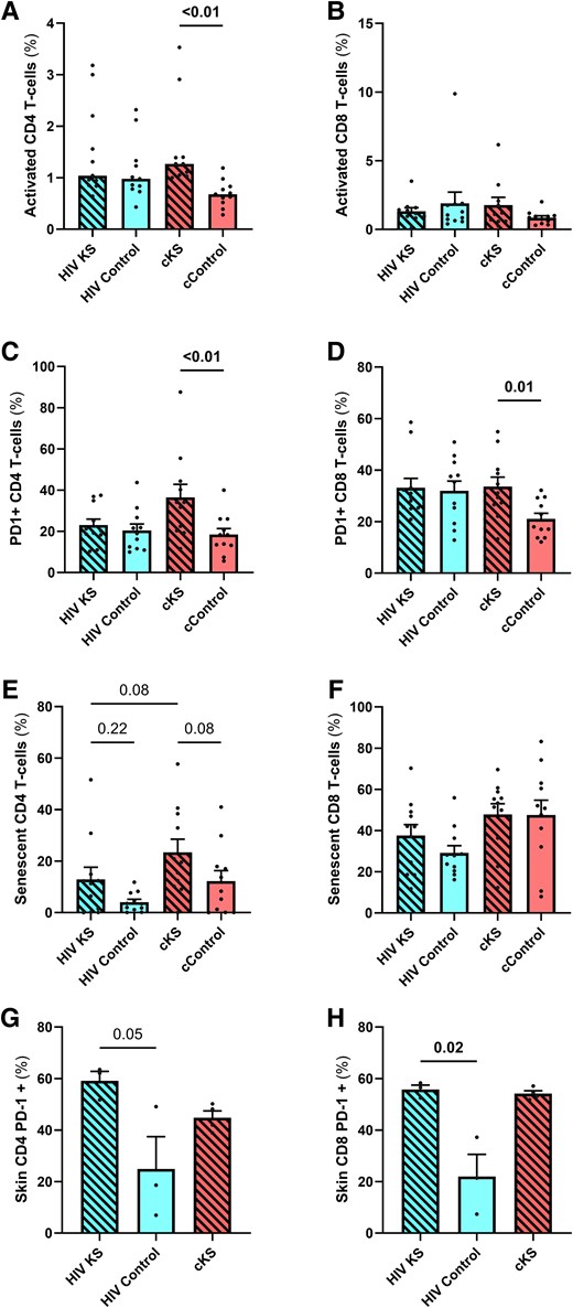 T-cells phenotypes in blood and skin biopsies. Blood CD4 (A, C, E) and CD8 (B, D, F) and skin CD4 (CD8–, G) and CD8 (H) T cells were phenotyped by flow cytometry. Activated T cells were selected as HLADR+CD38+, and CD28–CD57+ cells were considered senescent. Only significant (<.05) P values are indicated. cKS, classic KS; KS, Kaposi sarcoma.