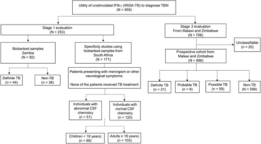 Study overview outlining stage 1 evaluation (n = 253) and stage 2 evaluation (n = 686). Abbreviations: CSF, cerebrospinal fluid; IFN-γ, interferon gamma; IRISA-TB, inter-gam ultrasensitive rapid immuno-suspension assay; TB, tuberculosis; TBM, tuberculous meningitis.