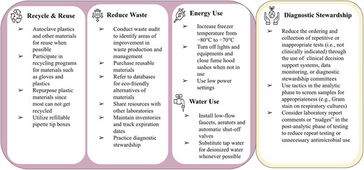 Eco-friendly practices that laboratories can adopt to address waste production and energy and water use.