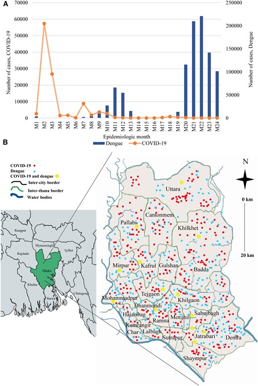 (A) Temporal distribution of cases of COVID-19 and dengue. (B) Maps of the incidence of COVID-19, dengue, and co-infection across Dhaka city.
