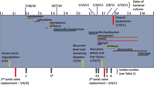Timeline of antibiotic therapy, bacterial cultures, and patient health information. ?, Treated at outside hospital, unclear details; *, Isolate 2 recoved at outside hospital, not included in analysis.