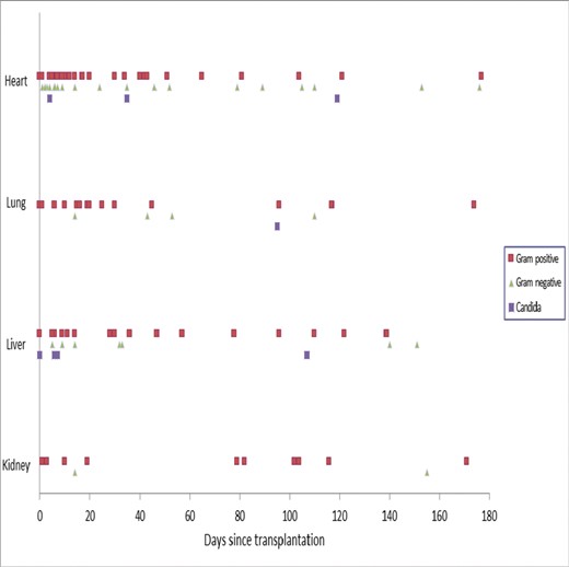 Figure: Distribution of bloodstream pathogens, by time after transplant