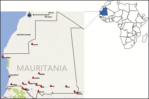Geographic distribution of suspected cases of Rift Valley fever infection, Mauritania, 2015.