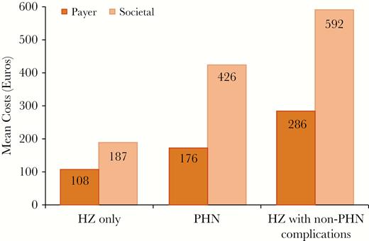 Mean costs by payer perspective and complication category. Abbreviations: HZ, herpes zoster; PHN, postherpetic neuralgia.