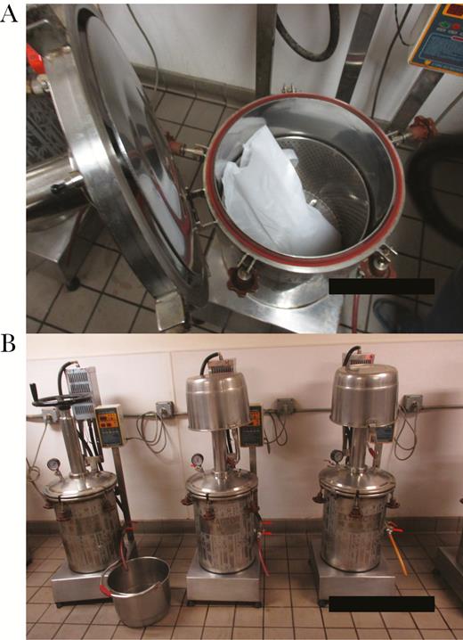 Pressure cookers: (A) tea bag inside containing dried herbs; (B) spigot draining into bucket.