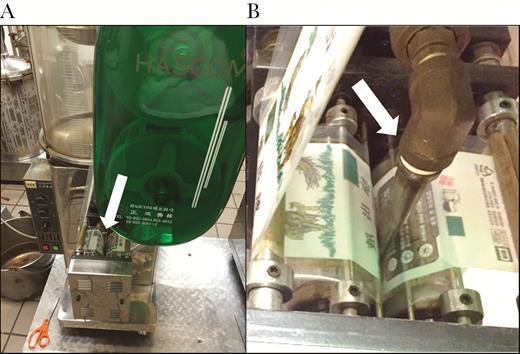 (A) Automatic pouch filling machine and spout (white arrow); (B) close up of pouch film and filling spout (white arrow).