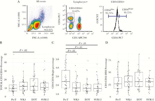 Natural killer cell subsets show partial restoration during and following treatment. (A) Natural killer (NK) cells were defined as lymphocytes that were CD3–CD56+. NK cells subsets were defined by CD56 expression, immature NK cells being CD56bright, and mature NK cells being CD56dim. Boxplots for total NK cells (B), immature NK cells (C), and NK cells (D) are in percentages by sample point. Lines above boxplots represent a significant difference between two sample points. Comparisons made between pretreatment (PreT) and 12-weeks following sustained virologic response (SVR12) were assessed via paired t tests. Samples were determined to be statistically different if P < .05.