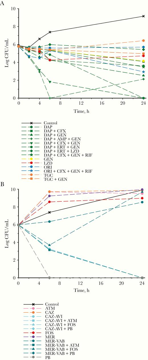 Mean log10 CFU/mL vs time profile for each individual drug and combination against Enterococcus faecium UIC1 (A) and Enterobacter hormaechei (B). Curves represent average concentrations for triplicate experiments. Abbreviations: AMP, ampicillin; ATM, aztreonam; CAZ, ceftazidime; CAZ-AVI, ceftazidime-avibactam; CFX, ceftriaxone; DAP, daptomycin; ERT, ertapenem; FOS, fosfomycin; GEN, gentamicin; LZD, linezolid; MER, meropenem; MER-VAB, meropenem-vaborbctam; ORI, oritavancin; PB, polymyxin B; RIF, rifampin; TGC, tigecycline.