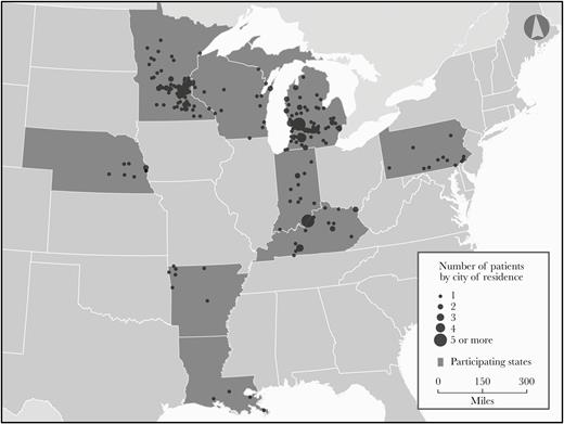 Locations of residence among interviewed histoplasmosis patients reported from 9 states, 2018–2019.