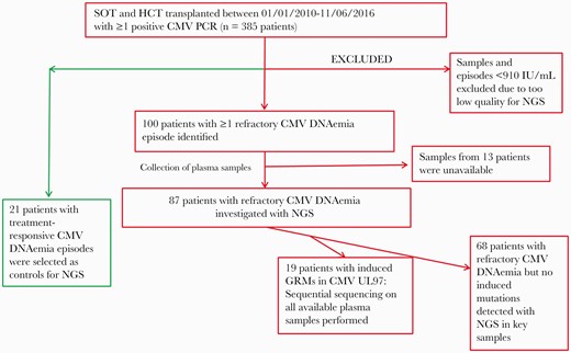 Flowchart showing inclusion of 108 patients with either UL97-GCV-R or refractory CMV infection and control cases. Refractory CMV DNAemia was defined as no decline in CMV DNAemia load despite ≥2 weeks with adequate treatment or CMV infection ≥4 weeks despite treatment. Abbreviations: CMV, cytomegalovirus; HSCT, hematopoietic stem cell transplantation; GRM, ganciclovir resistance mutation; MAC, myeloablative conditioning regimen; NGS, next-generation sequencing; NMA, nonmyeloablative conditioning regimen; PCR, polymerase chain reaction; SOT, solid organ transplantation; UCB, umbilical cord blood.