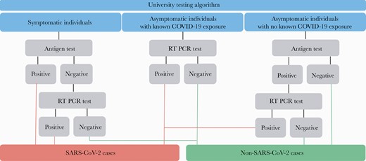 University’s severe acute respiratory syndrome coronavirus 2 (SARS-CoV-2) testing algorithm. COVID-19, coronavirus disease 2019; RT-PCR, reverse-transcription polymerase chain reaction test.