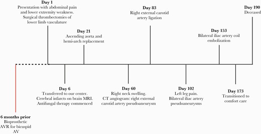 Timeline of the patient’s clinical progress and major surgical interventions. Abbreviations: AV, aortic valve; AVR, aortic valve replacement; CT, computed tomography; MRI, magnetic resonance imaging.