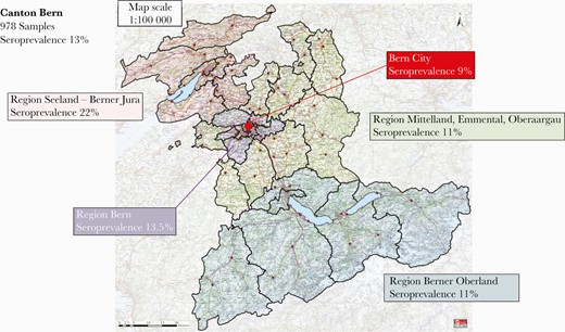 Map of the canton of Bern in Switzerland. The different colors indicate the corresponding geographic regions. The overall seroprevalence was 12.9% (ie, 126 of 978 samples displayed anti-nucleocapsid protein antibodies). Responses of 963 study participants were available; 15 seronegative individuals did not provide their geographic working district.
