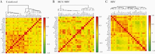 Heat map representation of cytokines and immune activation marker relationships among the 3 groups of subjects. The panels show the hierarchical clustering of Spearman correlation coefficients of log-transformed cytokine and immune activation marker levels in (A) uninfected controls, (B) HCV/ HIV-coinfected participants, and (C) HIV-monoinfected participants. Abbreviation: HCV, hepatitis C virus.