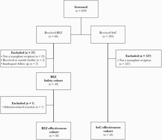 Patient selection diagram. Abbreviations: BEZ, bezlotoxumbab; SoC, standard of care.