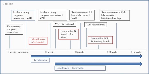 Time line of the surgeries required as well as antimicrobial therapy until recovery. M. hominis, Mycoplasma hominis; PCR, polymerase chain reaction; VAC, vacuum-assisted closure.