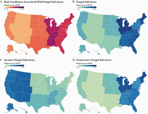 Rate of fungal infections and associated risk condition diagnoses in the United States in 2018. The diagnostic rates per 100 000 inpatient visits of conditions associated with elevated risk of fungal disease (A), all fungal infections (B), invasive fungal infections (C), and noninvasive fungal infections (D). Rates are presented by geographic region.