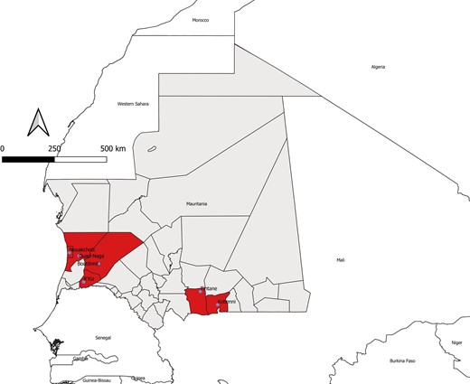 Geographic distribution of confirmed cases of Crimean-Congo hemorrhagic fever (CCHF) among humans in southern and western Mauritania, 2022. The departments (“moughataas” in the local Arabic dialect) and regions (“wilayas”) are shown on the map. The moughataas from which CCHF virus–positive patients originated are shown.
