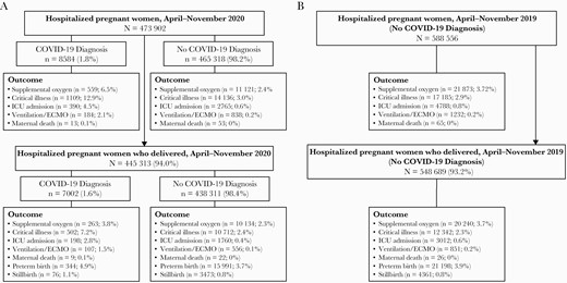 Clinical outcomes for hospitalized pregnant women and women who delivered, April–November 2020 (A) and 2019 (B). COVID-19, coronavirus disease 2019; ECMO, extracorporeal membrane oxygenation; ICU, intensive care unit.