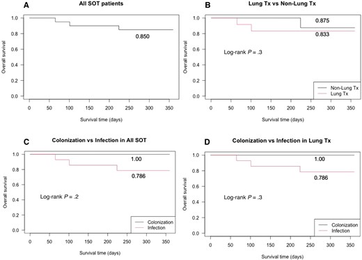 One-year survival after transplantation. A, One-year survival in all solid organ transplant (SOT) recipients with Mycobacterium abscessus infection. B, One-year survival in M abscessus infection, lung transplant (Tx) recipients vs non–lung Tx recipients. C, One-year survival in M abscessus infection, colonization vs infection in all SOT recipients, We defined colonization as the patients who had positive M abscessus culture but did not meet American Thoracic Society/Infectious Diseases Society of America criteria. D, One-year survival in M abscessus infection, colonization vs infection in lung Tx recipients.