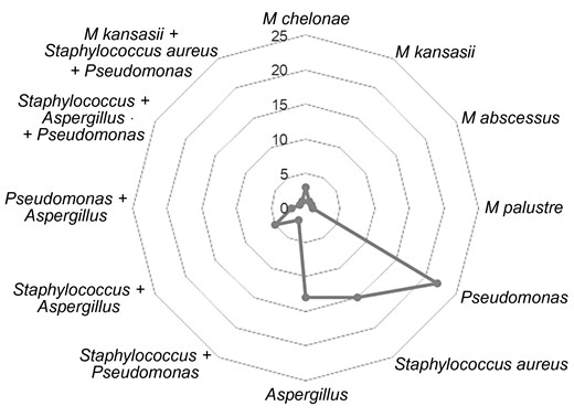 Types of coinfections. Pseudomonas, Staphylococcus aureus, and Aspergillus were the most common coinfections.