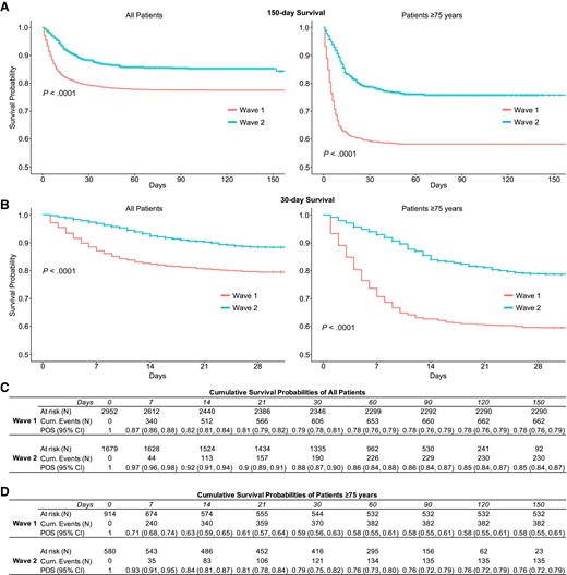 A, Kaplan-Meier survival plots of all patients (left panel) and patients age ≥75 years (right panel) hospitalized in the first and second waves of COVID-19 in New York City censored on March 31, 2021. B, Kaplan-Meier survival plots of all patients (left panel) and patients age ≥75 years (right panel) censored at 30 days. C, Cumulative survival probabilities for all patients. D, Cumulative survival probabilities for patients age ≥75 years. Abbreviations: COVID-19, coronavirus disease 2019; POS, probability of survival.