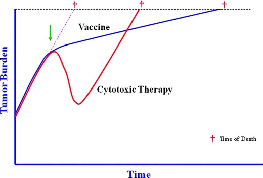 Tumor growth is a dynamic biologic process that is the combined result of cells dividing and other cells dying. Intrinsic tumor biology, as well as extrinsic factors such as therapies, affect the tumor's growth rate. However, chemotherapy (red line) only affects the tumor growth rate while it is being administered, which may result in a dramatic but transient response. Following discontinuation of chemotherapy, the growth rate returns to its pretreatment slope, driven by the underlying biology of the tumor. Immunotherapy (blue line), on the other hand, can alter the biology of the host by inducing an active antitumor immune response including a memory response. This may not cause an immediate or dramatic change in tumor burden, but continued cumulative slowing pressure on tumor growth rate, especially if started early in the disease course, may lead to substantially longer overall survival. The arrow indicates the initiation of treatment; cross indicates time of death from cancer.