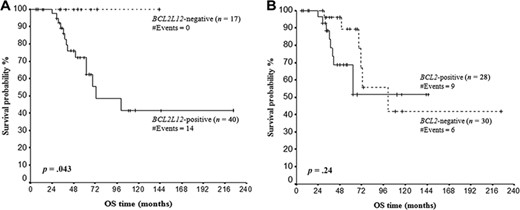 Kaplan‐Meier curves for OS of BCL2L12 (A) and BCL2 (B) mRNA‐positive and mRNA‐negative chronic lymphocytic leukemia patients. BCL2L12 mRNA expression has an unfavorable prognostic value for chronic lymphocytic leukemia, as BCL2L12‐positive patients have significantly shorter OS time, in comparison with BCL2L12‐negative patients. Abbreviation: OS, overall survival.