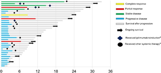 Best response, progression-free interval, and overall survival for individual patients. *, Received at any point following ipilimumab (not to scale).