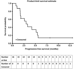 Kaplan‐Meier curve for progression‐free survival in patients with gastric cancer in the efficacy‐evaluable population (n = 16). These were patients with gastric cancer.