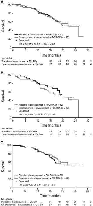 Overall survival. (A): Intent‐to‐treat population. (B): mesenchymal‐epithelial transition (MET) immunohistochemistry (IHC)‐positive population. (C): MET IHC‐negative population. Abbreviations: CI, confidence interval; HR, hazard ratio.