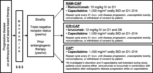 Study design. Abbreviations: BID, twice daily; CAP, capecitabine; D, Day; ICR, icrucumab; IV, intravenously; RAM, ramucirumab.