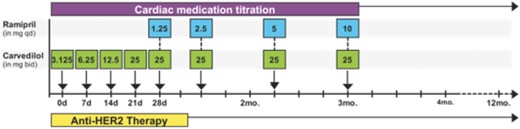 Flow diagram of cardiac medication titration. After study enrollment, cardiac treatment with beta blockers and angiotensin‐converting‐enzyme inhibitors will be started in all patients who do not have contraindications. Once a patient reaches the maximum tolerated dose of carvedilol twice daily, ramipril will be added at 1.25 mg daily and increased as tolerated up to the maximum dose of 10 mg.