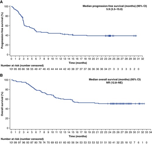 Survival outcomes with axicabtagene ciloleuecel in patients with large B‐cell lymphoma. Overall survival (A) and progression‐free survival (B) in ZUMA‐1.