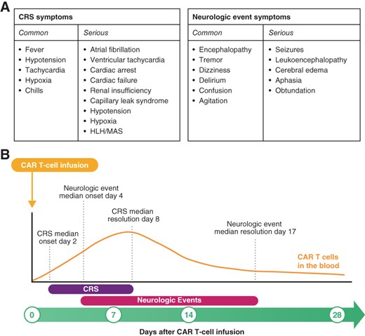 Overview of CRS and neurologic events. Common and serious symptoms (A) and median timing of onset and resolution (B) of CRS and neurologic events with axicabtagene ciloleucel.