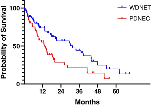 Overall survival (OS) by differentiation status. The median OS was 31.7 months for WDNET versus 13.1 months for PDNEC (hazard ratio, 0.55; 95% confidence interval, 0.33–0.92; p = .01, log-rank test).