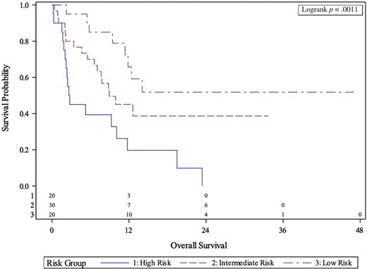 Kaplan-Meier curves of association between body composition risk groups and overall survival.