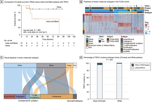 Racial disparity in the incidence and clinical outcome of TRCC. (A) Overall survival curve White versus Asian and Black patients with TRCC. (B) Heatmap of transcriptional landscape of TCGA cohort by nearest template prediction using signature that was derived from Genentech’s profiling performed on tumors from patients enrolled on IMmotion151. (C) Association between race and predicted molecular subtypes in TRCC from TCGA cohort. (D) Incidence rate of TRCC between Chinese and White populations using Chinese OrigiMed2020 and TCGA cohorts.