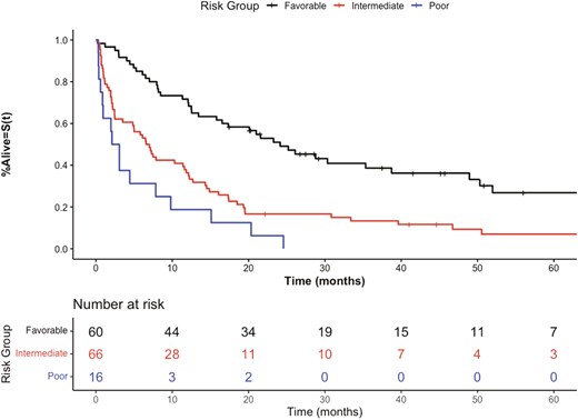 Kaplan-Meier overall survival curves of external validation cohort stratified by prognostic groups.