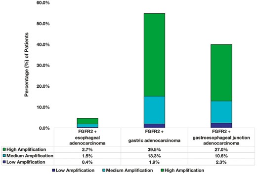 Distribution of FGFR2amp GECs based on the location of the tumor as noted in the Guardant 360 ctDNA cohort. The different colors define the degree of amplification. Most amps were high (+++) in GC and GEJ (plasma CN ≥ 4).