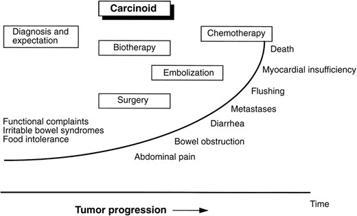 Clinical progression of a midgut carcinoid and suggested therapeutic options.