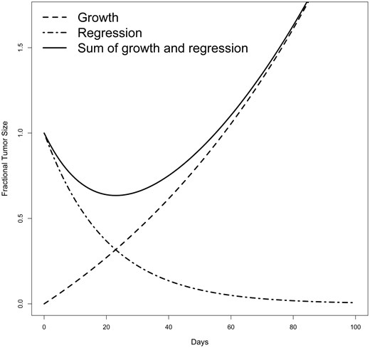 Graphical representation of tumor growth rate models including growth only, regression only, sum of growth and regression.
