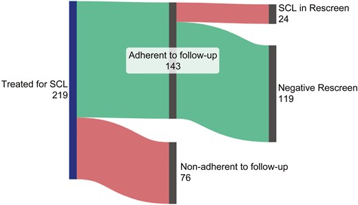 Sankey diagram illustrating the rescreening participation and results of 219 women after initial positive screening results for suspicious cervical lesions (SCL).143 women were adherent to follow up, among which 24 had positive screening results.