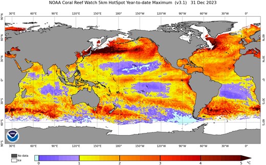 2023 Maximum Coral Reef Bleaching HotSpot Map. Figure from NOAA.